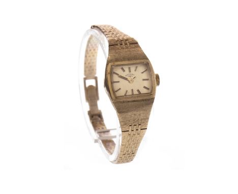 LADY'S ROTARY NINE CARAT GOLD MANUAL WIND WRIST WATCH, the rectangular gold coloured dial with applied baton hour markers, 18