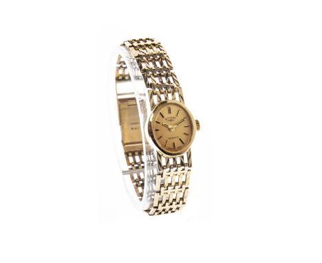 LADY'S ROTARY GOLD QUARTZ WRIST WATCH, the oval dial with applied gold baton hour markers, pencil hands, 15mm case, on a pier