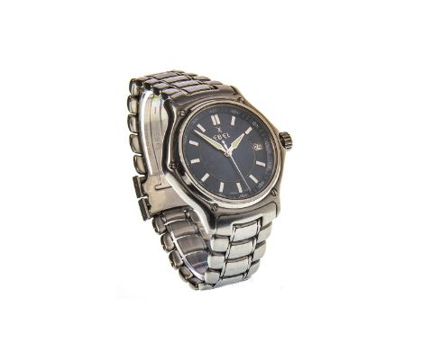 GENTLEMAN'S EBEL STAINLESS STEEL WRIST QUARTZ WRIST WATCH, the round blue dial with baton hour markers, date aperture at 3, l