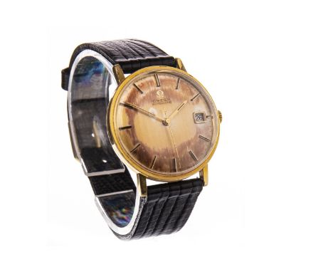 GENTLEMAN'S OMEGA AUTOMATIC GOLD PLATED MANUAL WIND WRIST WATCH, the round dial with applied baton hour markers, date apertur