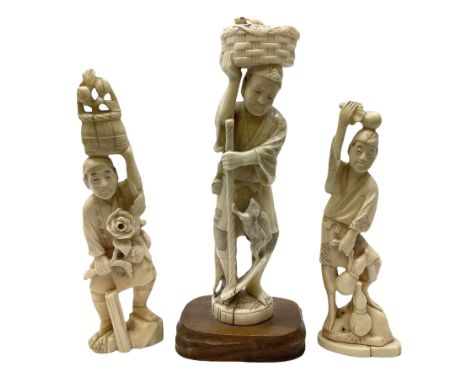 Three Japanese Tokyo School ivory figure, 19th century, comprising of man standing holding double gordes, man holding a flowe