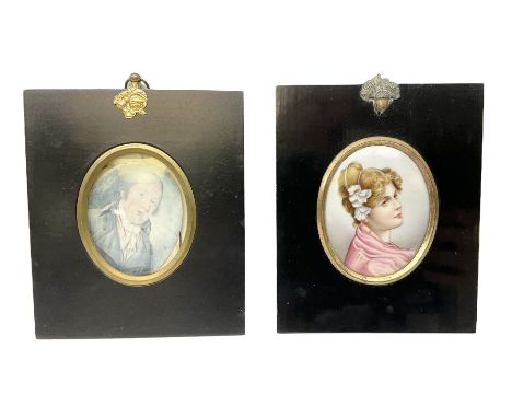 Continental printed and painted portrait miniature upon porcelain, of oval form depicting head and shoulder portrait of a you