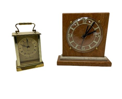 Battery driven marble mantel clock in the Art Deco style and a brass finished carriage clock. Both with quartz movements