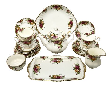 Royal Albert Old Country Roses pattern tea service, comprising teapot, milk jug, open sucrier, three teacups, six saucers, si