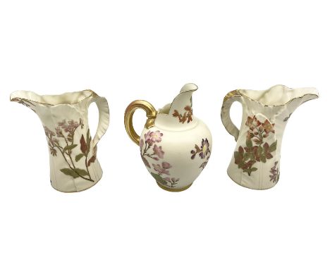 Royal Worcester blush ivory jug of squat lobed form painted with floral sprays,  No. 1094, Rd. No. 29115, together with two R