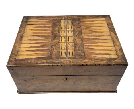 Victorian walnut sewing box, the hinged lid decorated with inlaid backgammon and cribbage board lifting to reveal lined compa