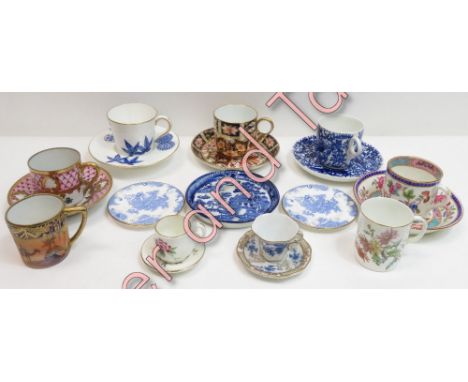 Five decorative cabinet cups and saucers including Crown Derby; miniature cups and saucers and others