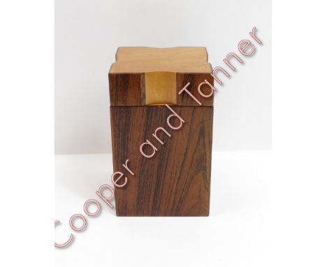 John Makepeace: an Arts and Crafts wooden spice caddy with shaped lift-off cover, veneered exterior and stamped John Makepeac
