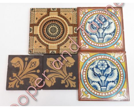 Minton's ceramic tile with transfer decoration possibly in a design by Christopher Dresser; two Maw &amp; Co encaustic tiles 