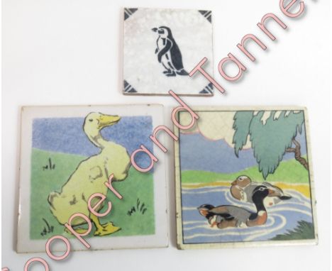 A Poole pottery tile with duck decoration 15.5cms x 15.5cms; a Minton blank decorated with a duck, 15.5cms x 15,5cms and a sm