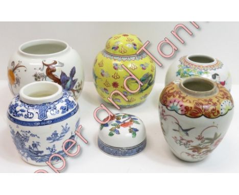 Five decorative ginger jars, and a top with no jar