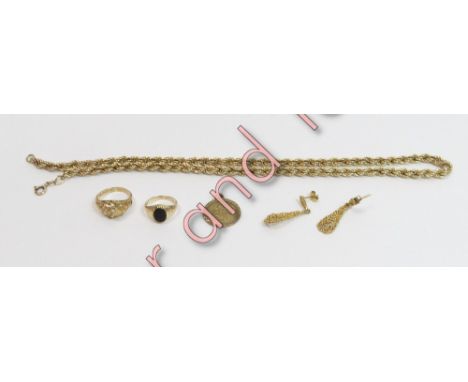 A 9 carat gold chain, 46 cm long; 9 carat gold small onyx signet ring; a 9 carat gold small dress ring; a pair of 9 carat gol