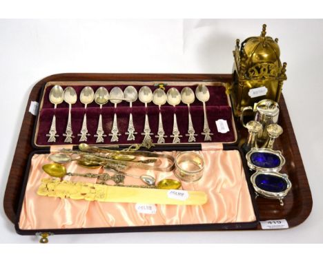 A part set of silver spoons (11) with harp and shamrock terminals, by H&R, Birmingham, 1954; with various other items of silv