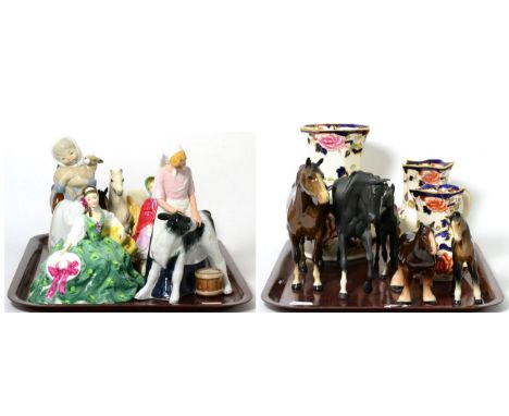 A group of 20th century ceramics including three Royal Doulton figures, a Nao figure, eight Beswick horses, three Masons jugs