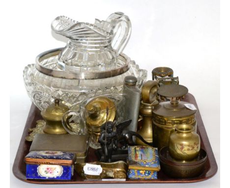 Various enamel boxes, brass and copper wares, glass, Japanese box, postal scales  and other works of art 19/20th century (qty