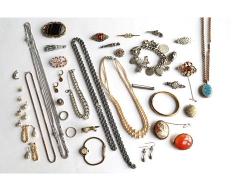 A citrine set brooch, an enamel locket on chain stamped '9CT', silver brooches and hardstone brooches 