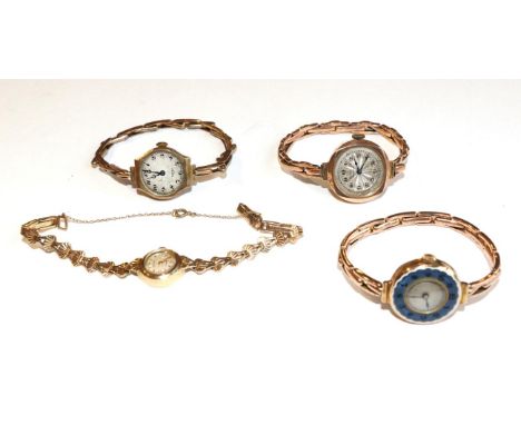 Four ladies 9 carat gold wristwatches, one decorated with an enamel bezel, one signed Rotary (4) 