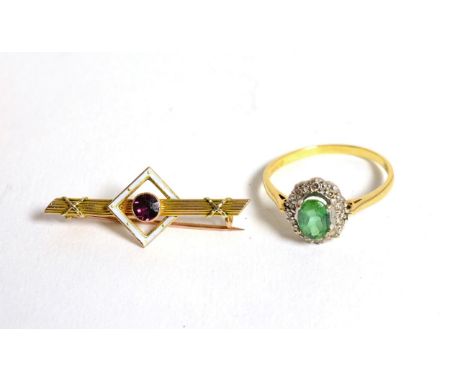 An 18 carat gold cluster ring and a garnet and enamel brooch The ring is in good condition. It is stamped with sponsor's mark