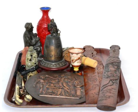 Soapstone carvings, page turners, circular plaque, oriental bell, decorative mask etc 