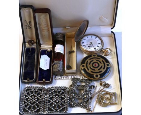 A gold plated pocket watch, cranberry glass scent with silver plated mounts, selection of stick pins, shoe buckles and a comp