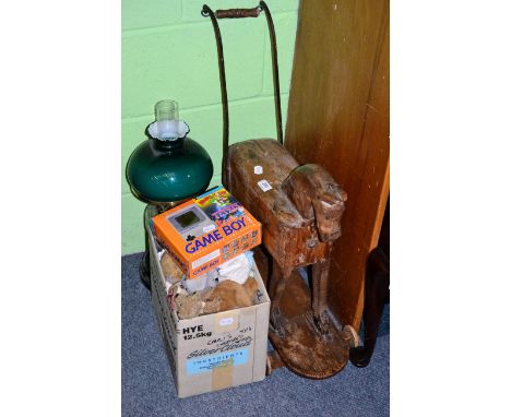 A Victorian pine push-along horse and a quantity of decorative ceramics, glass and ornamental items including soft toys, carr