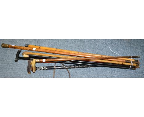 Eight walking stick, two with silver mounts 