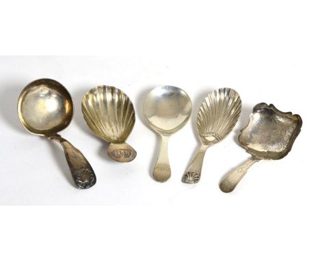 A group of five various silver caddy spoons 