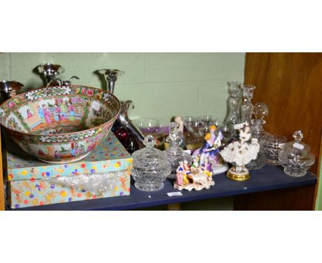 A child's teaset; a 20th century Canton famille rose bowl; cut glass dressing table set; porcelain figures etc (on one shelf)