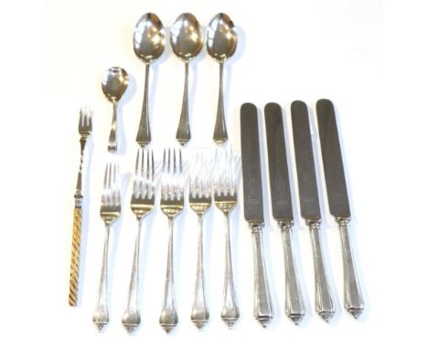 A part suite of silver cutlery comprising four dinner knives, four dinner forks, three dessert spoons and a salad fork; toget