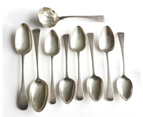 A group of George III silver Old English pattern spoons, comprising: a matched pair of tablespoons, bottom marked, indistinct