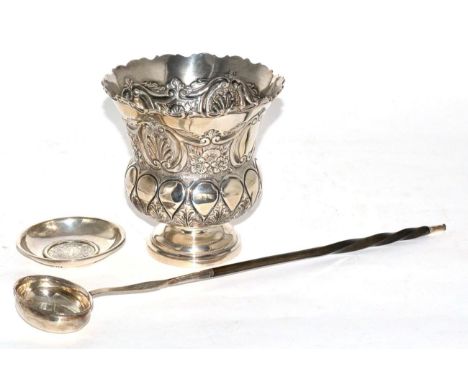 A silver pedestal vase, a horn handled toddy ladle and a dish inset with an 18th century coin