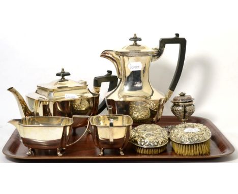 Pair of silver backed oval hair brushes; Victorian plated inkstand and a plated four piece tea service 