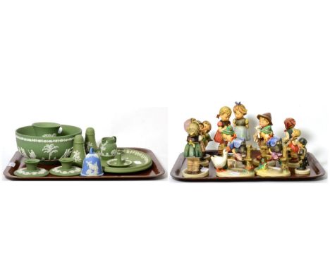 Collection of Goebel pottery Hummel figures and Wedgwood Jasperware Boy holding lamb with a loss to the neckerchief. All figu