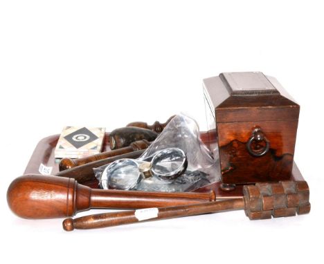 Assorted collectables including coshes, lignum pestle, rosewood tea caddy, police badges and handcuffs etc 