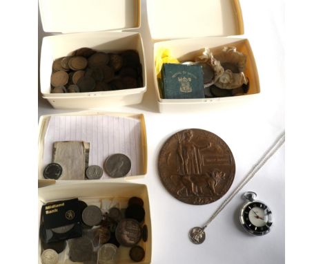 A First World War memorial plaque to Harry Walker and three boxes of assorted coins 