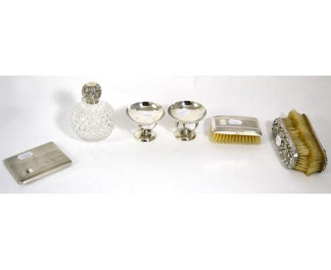 Silver comprising pair of small comports; three silver backed brushes; cigarette case and scent flask 