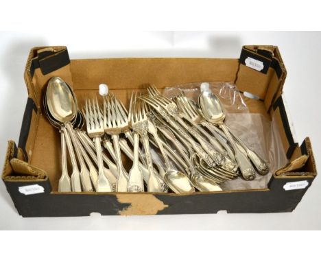 A George IV/Victorian composite part service of silver fiddle thread and shell pattern flatware, various dates and makers, co