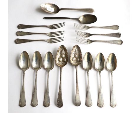 A group of silver and white metal flatware, comprising: a pair of George III table spoons later decorated as berry spoons; an