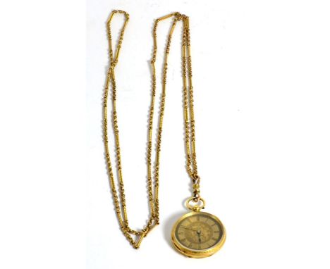 A lady's fob watch with case stamped '18K', with a fancy link Continental chain with applied plaque stamped 