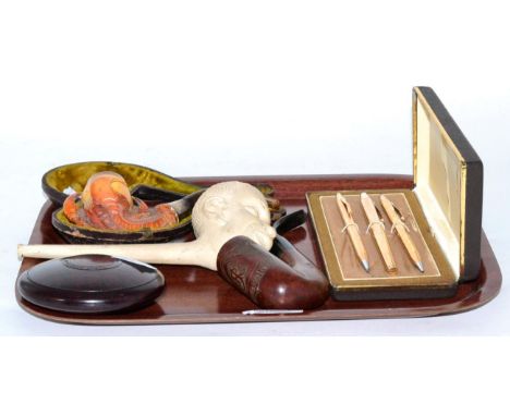 Three collectors pipes, snuff box and a set of cross pins 