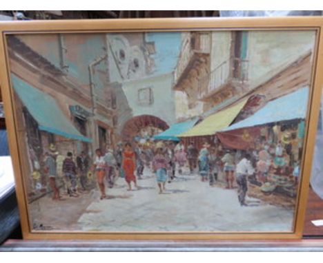 FRAMED MIDDLE EASTERN STYLE VILLAGE SCENE OIL ON BOARD SIGNED TO BOTTOM LEFT INDISTINCT ALSO A FRAMED PRINT 