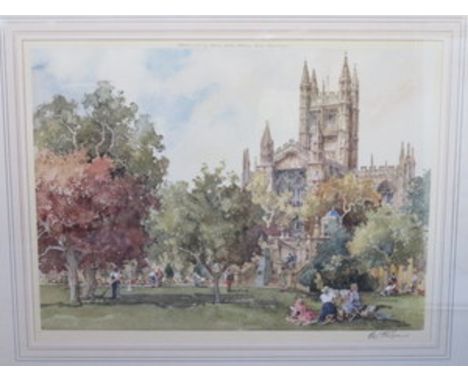PENCIL SIGNED POLYCHROME PRINT BY E.R. STURGEON DEPICTING BATH ABBEY, APPROXIMATELY 33cm x 58cm 