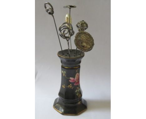 CERAMIC HAT PIN STAND AND SIX HAT PINS INCLUDING ONE BY CHARLES HORNER