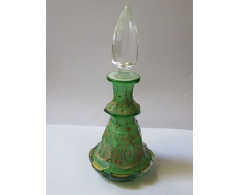 PRETTY FRENCH STYLE GILDED GREEN GLASS PERFUME DECANTER, APPROXIMATELY 20cm HIGH 