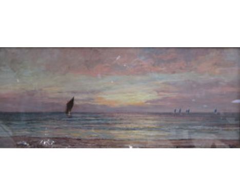 E McGREGOR WILSON RSW, FRAMED OIL ON CANVAS DEPICTING A SEASCAPE SCENE, APPROXIMATELY 32cm x 75cm 