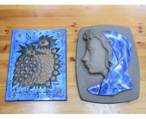 TWO GLAZED AND UNGLAZED DANISH CERAMIC WALL PLAQUES, ONE SIGNED JOHANNES KEDYARD 