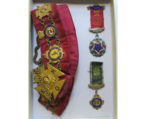 GILT METAL AND ENAMELLED MASONIC SASH AND TWO SIMILAR MEDALS RELATING TO R.A.O.B.