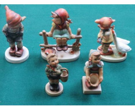 FIVE VARIOUS GOEBELS FIGURES BY M.J. HUMMEL (TWO AT FAULT) 