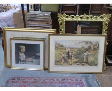 WILLIAM RUSSELL FLINT, FRAMED POLYCHROME PRINT, TWO OTHER FRAMED POLYCHROME PRINTS AND GILDED PIERCEWORK PICTURE FRAME 