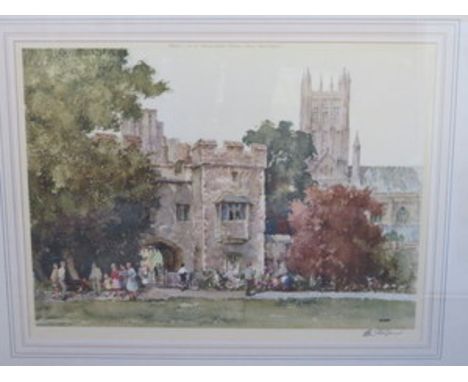 PENCIL SIGNED POLYCHROME PRINT BY E.R. STURGEON DEPICTING WELLS CATHEDRAL FROM THE PALACE GARDENS, APPROXIMATELY 33cm x 58cm 